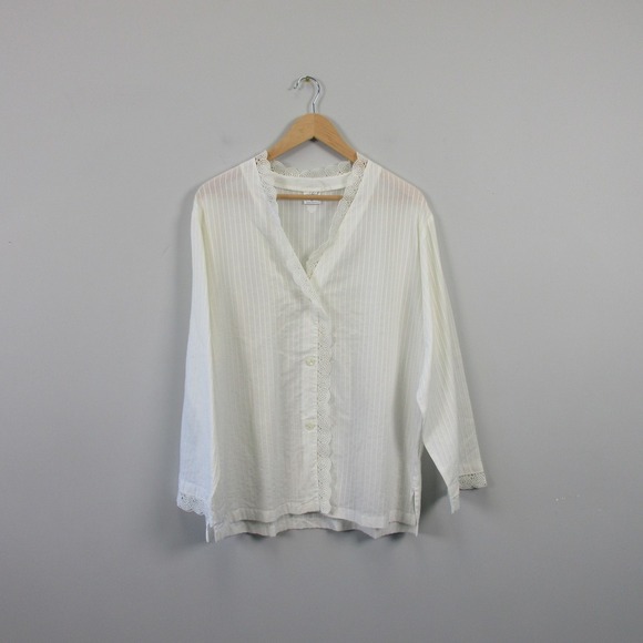 Celestine Pajama Set Women White Striped 100% Cotton Lace Trim Lounge Vtg 252 - Picture 1 of 16